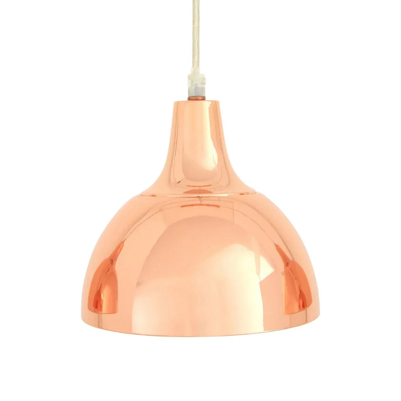 Copper pendant light with glossy dome shade hanging from white cord