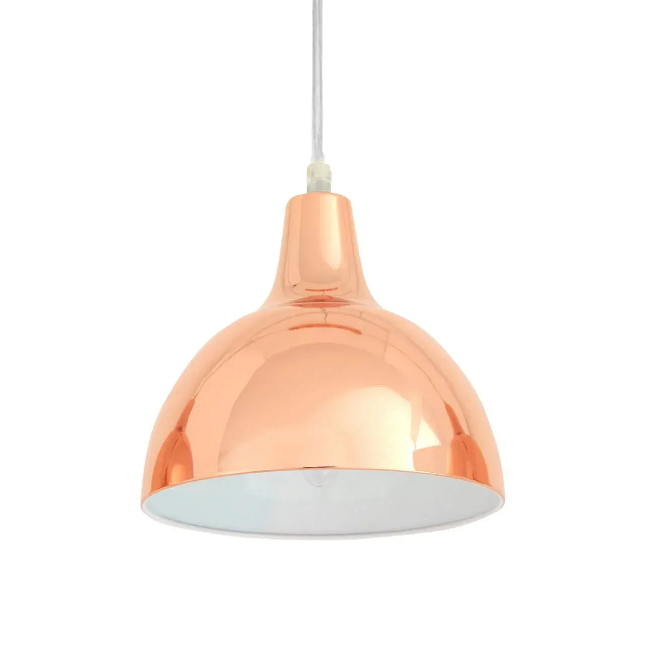 Copper pendant light with glossy dome shade hanging from white cord