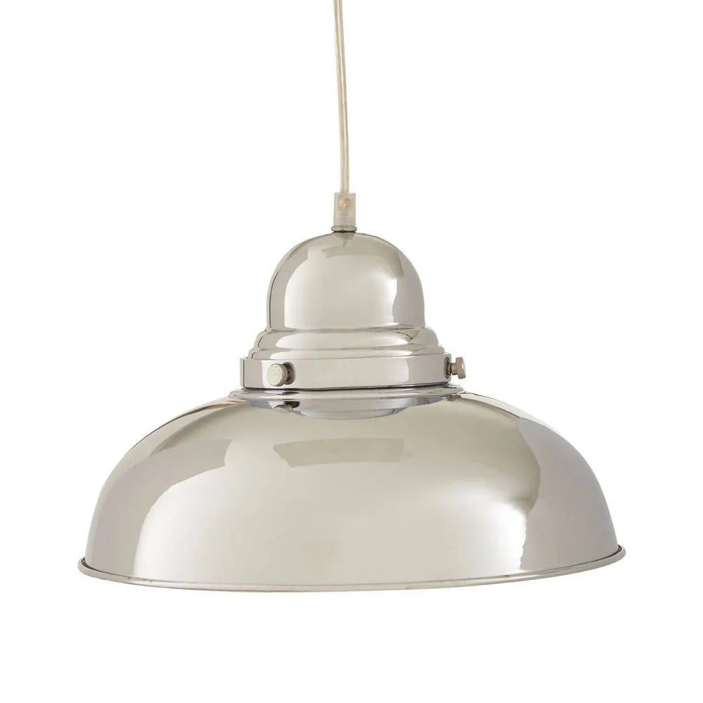 Polished chrome pendant light with dome shade and visible ceiling cable