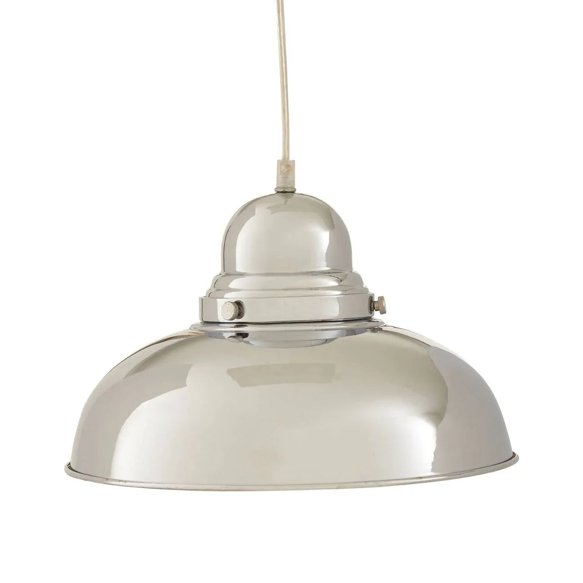 Polished chrome pendant light with dome shade and visible ceiling cable
