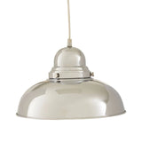 Polished chrome pendant light with dome shade and visible ceiling cable