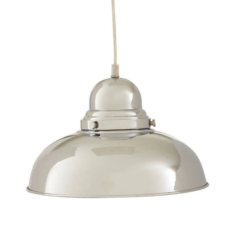 Polished chrome pendant light with dome shade and visible ceiling cable