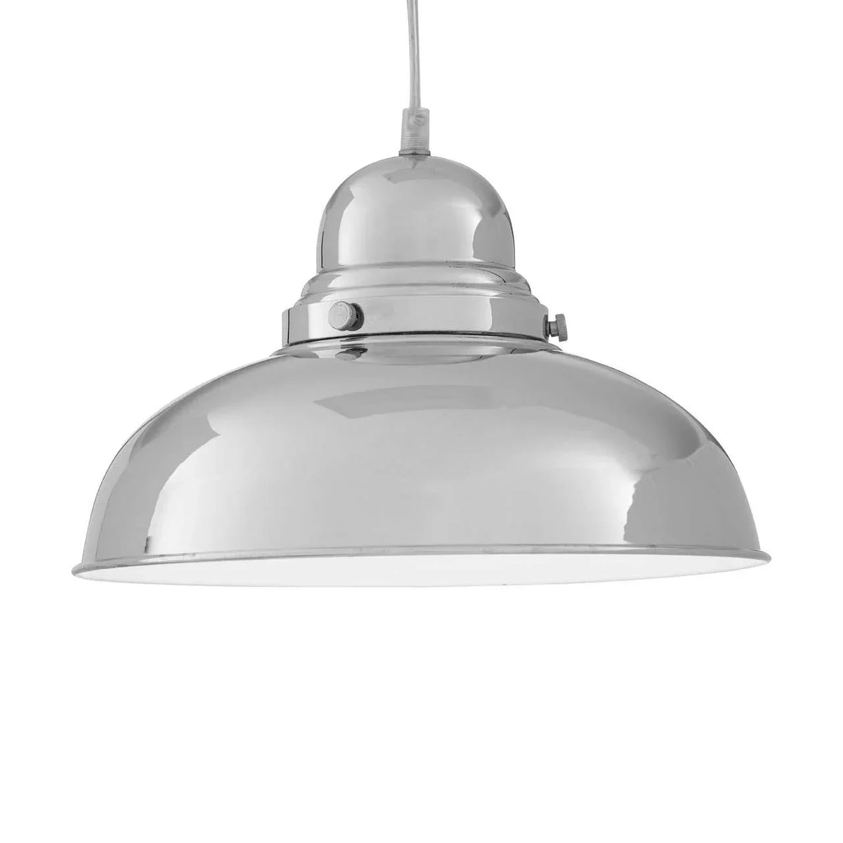 Chrome pendant ceiling light with dome shade and visible hanging cord