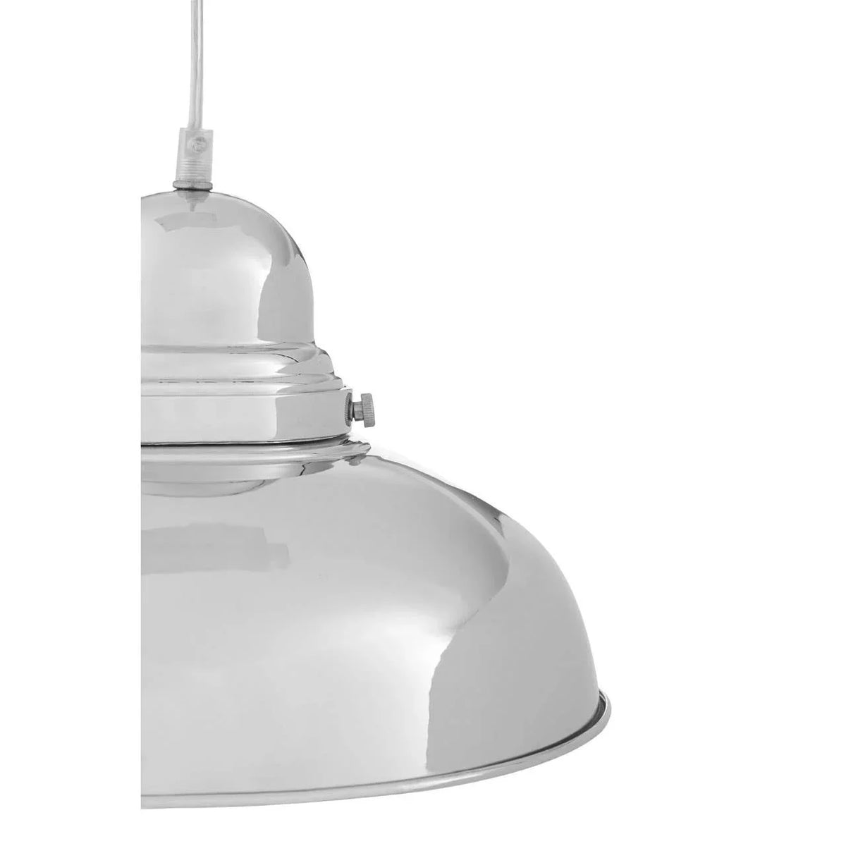 Polished chrome pendant ceiling light with dome shade, partial side view