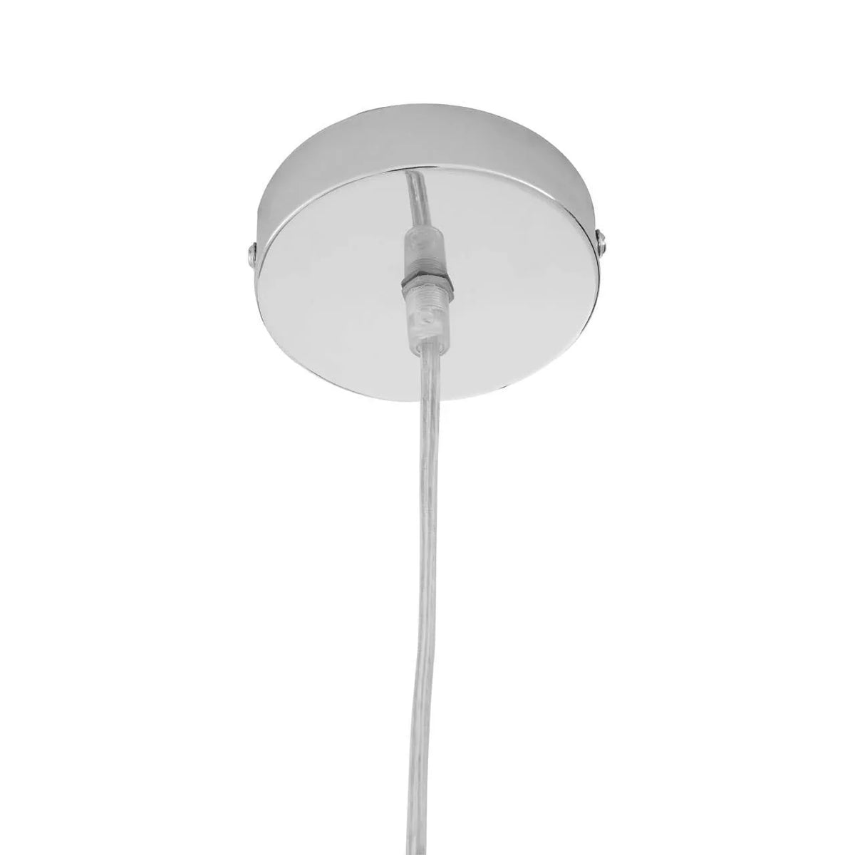 Chrome ceiling light fitting with clear electrical cord, close up view