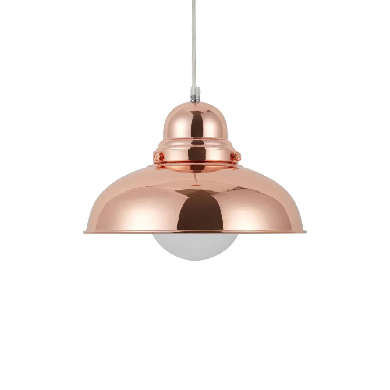 Copper ceiling pendant light with dome shade and visible white bulb