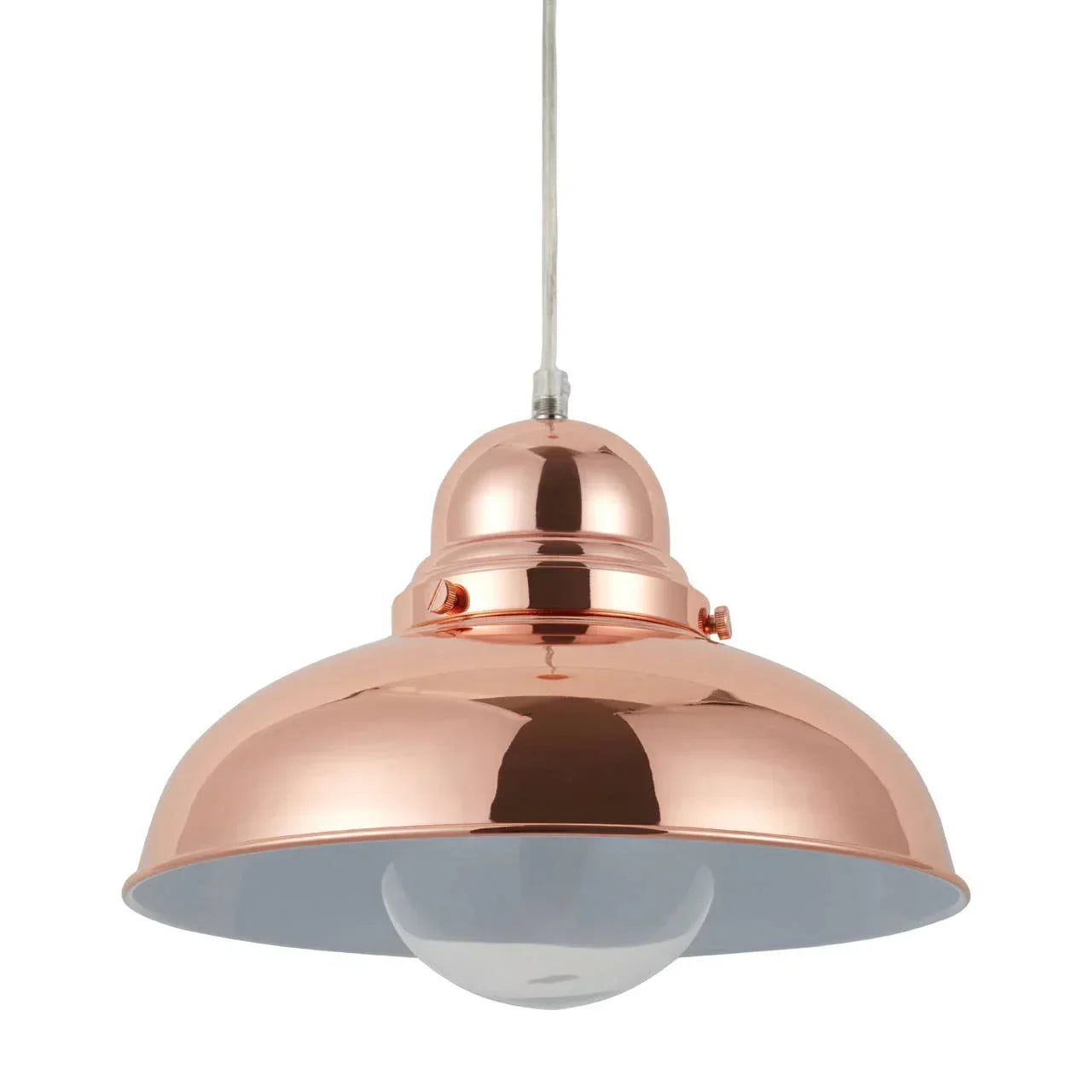 Copper pendant ceiling light with dome shade and visible bulb