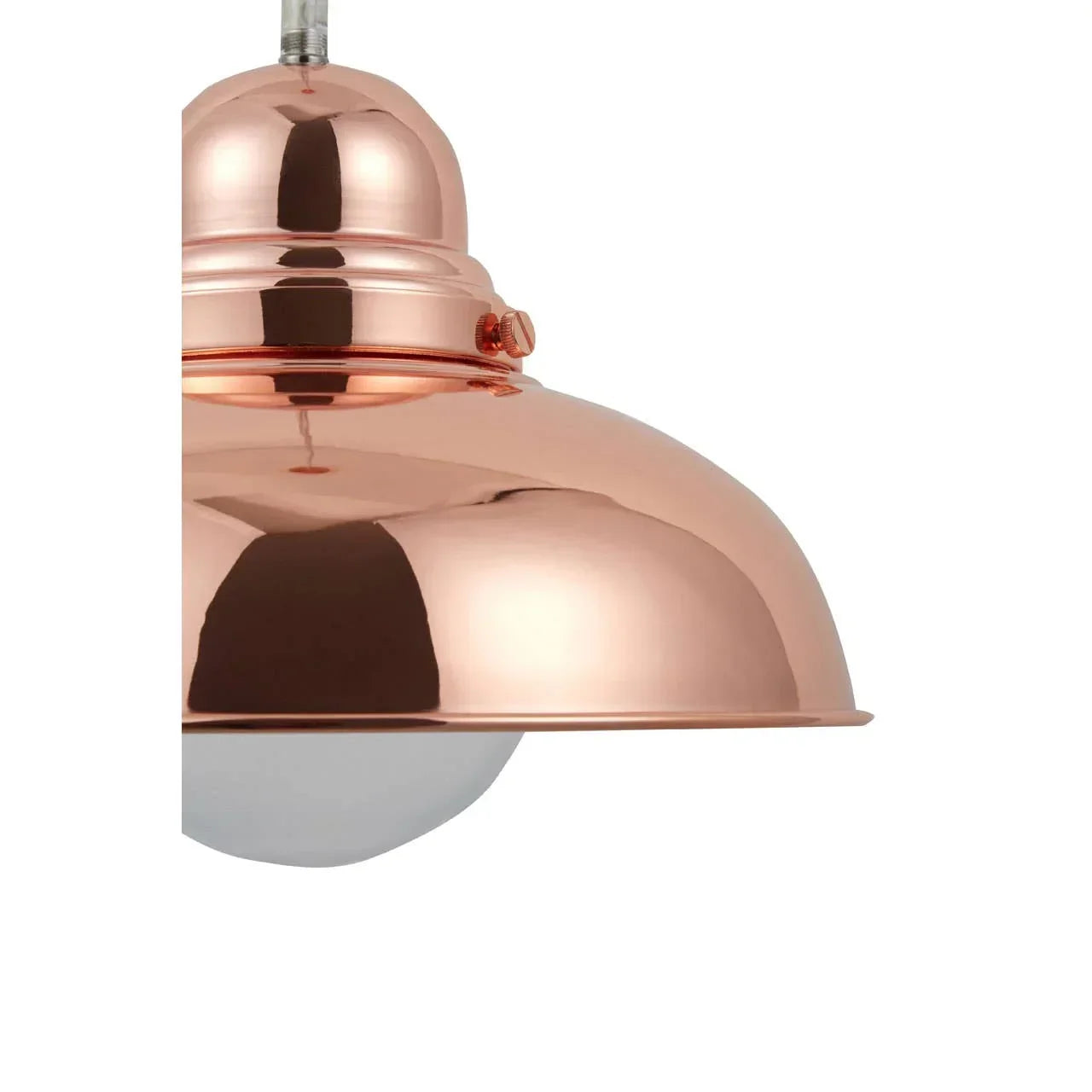 Copper pendant ceiling light with domed shade and glossy finish, close-up view