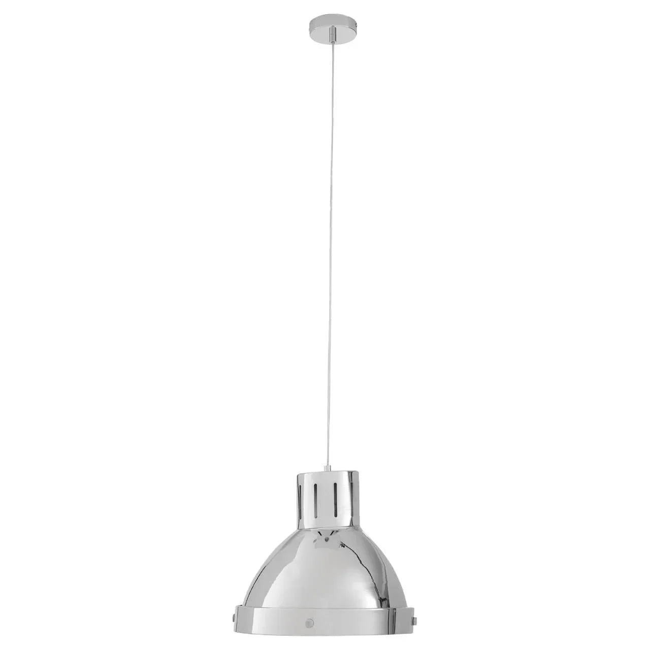 Modern chrome pendant light with dome shade and long white ceiling cord