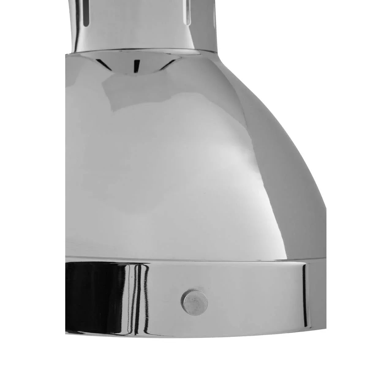 Close up of chrome lamp shade with modern curved design and polished metal finish