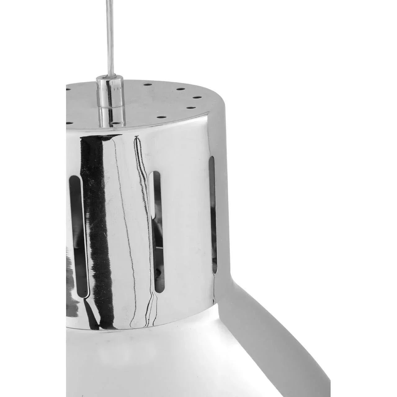 Close-up of chrome pendant light fixture with slotted vent detail and smooth white shade