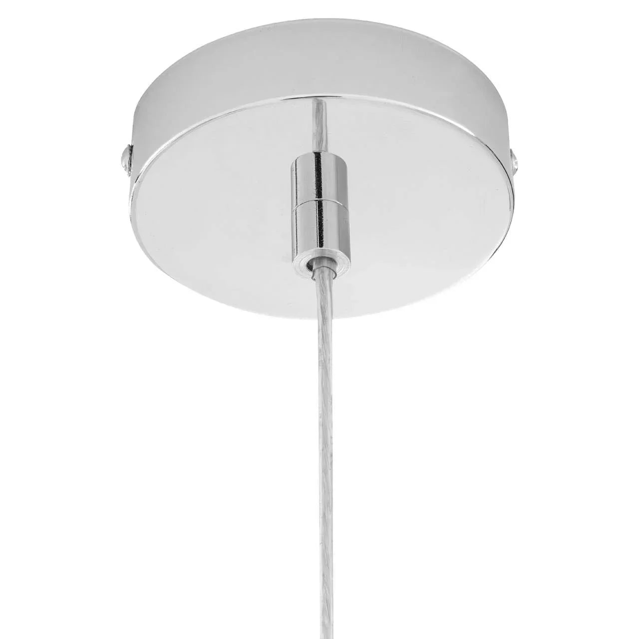 Chrome ceiling light fitting with suspended cable, close-up view