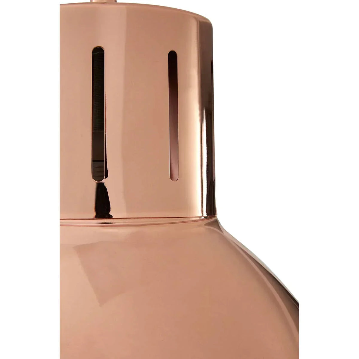 Close-up of copper metal pendant light shade with vertical ventilation slots
