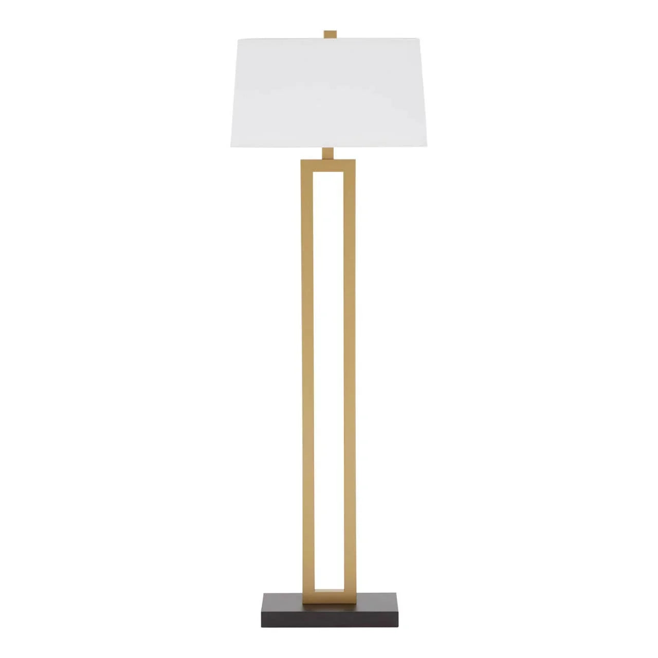 modern floor lamp with gold rectangular frame and white shade on black base