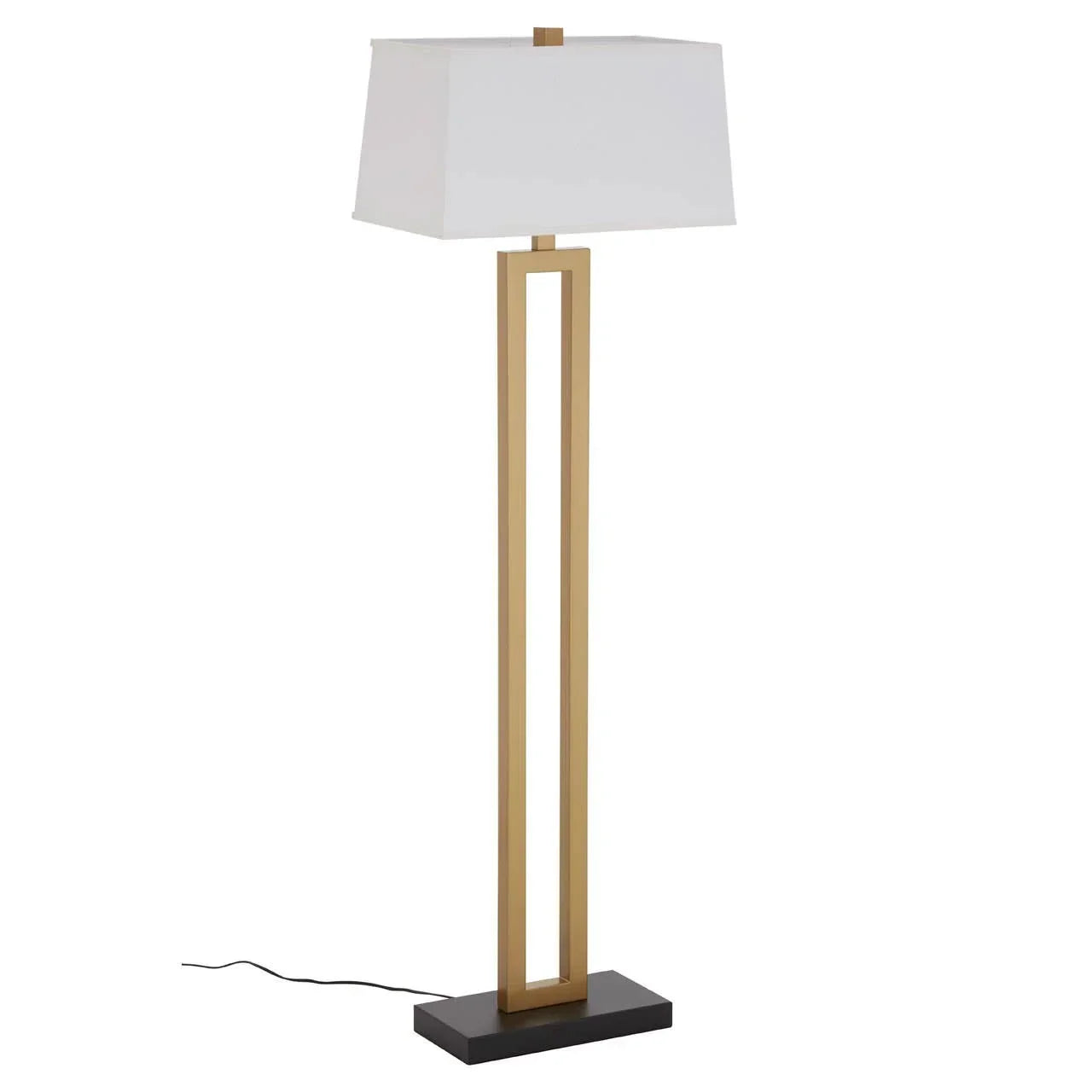 Modern floor lamp with gold rectangular frame and white fabric shade on black base