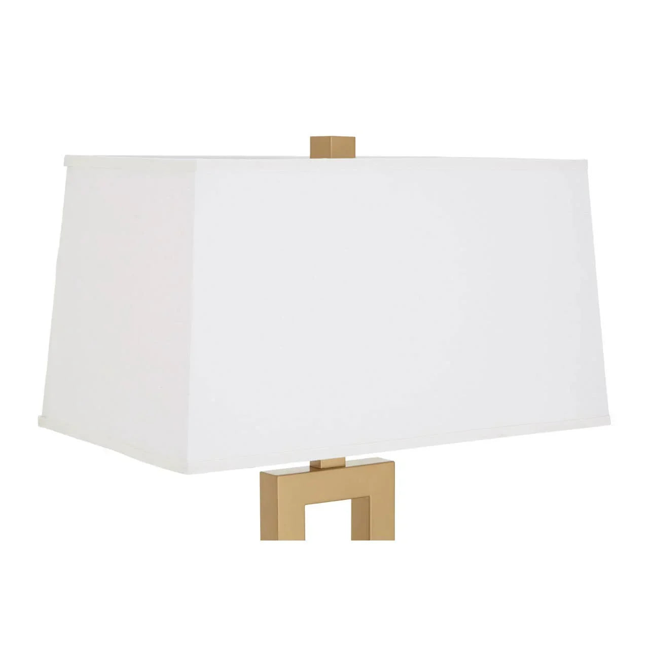 Rectangular white fabric lampshade with gold geometric lamp base detail