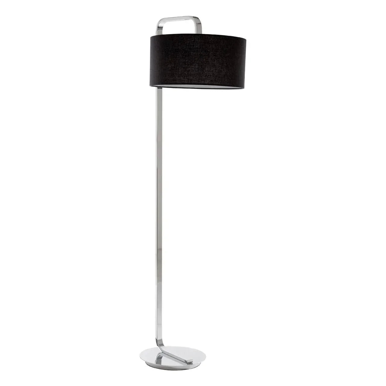 Chrome floor lamp with black cylindrical shade and modern base