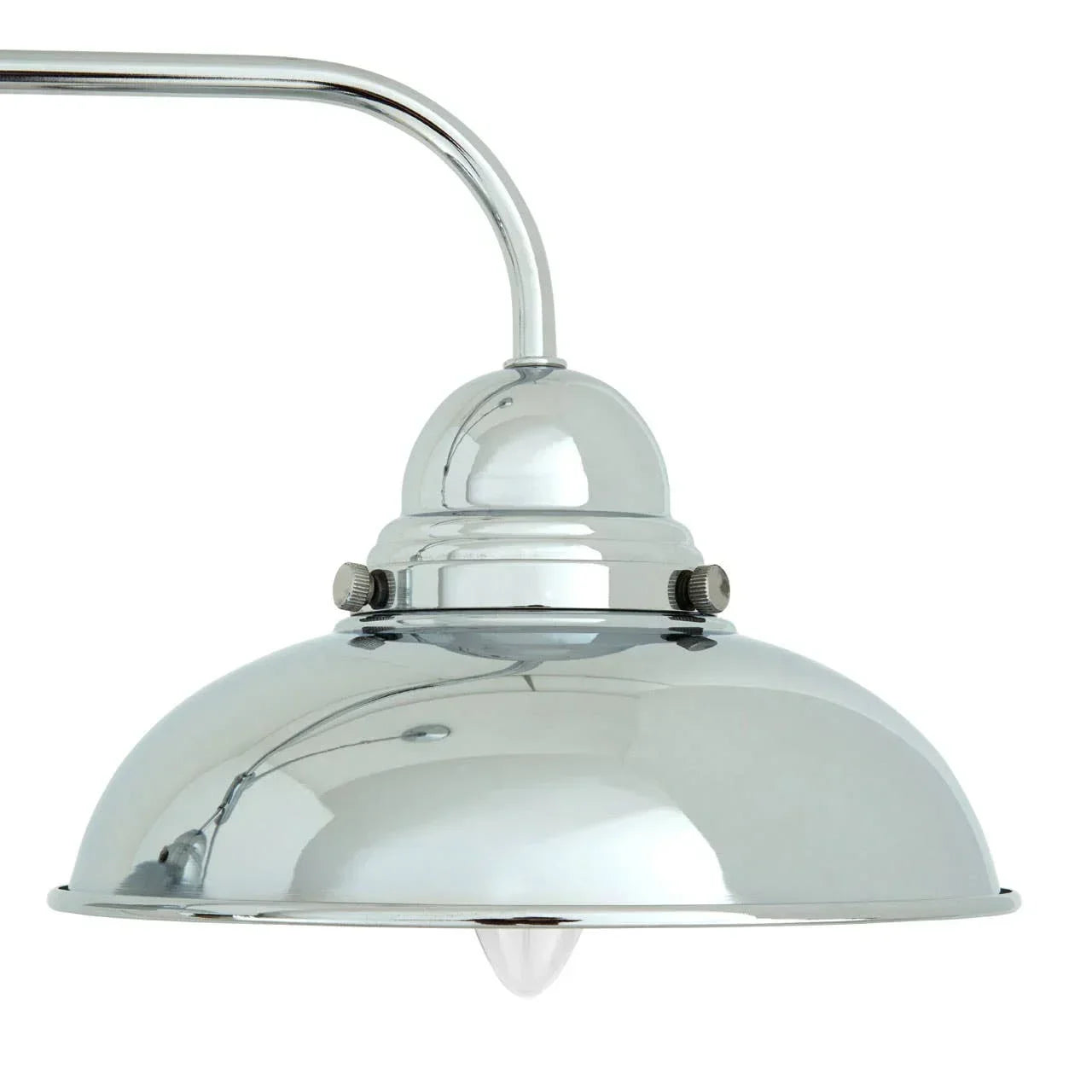 Chrome pendant ceiling light with curved arm and polished metal shade