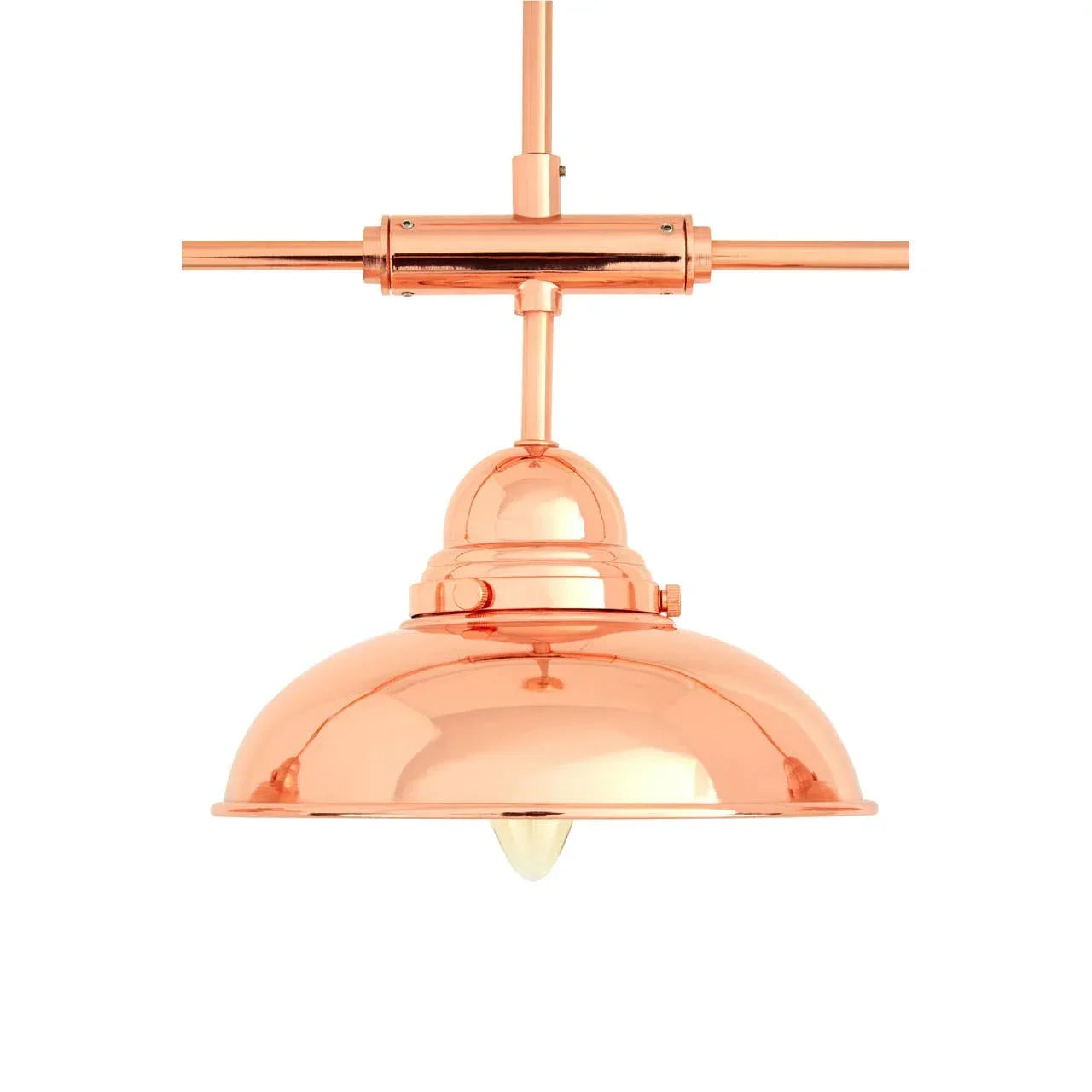 Copper pendant ceiling light with smooth dome shade and exposed bulb