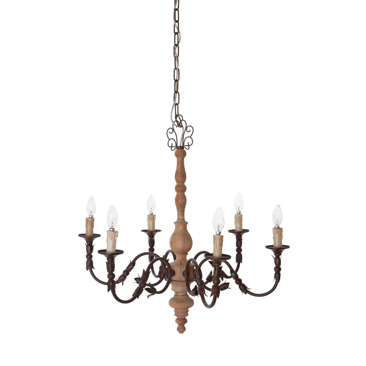 Rustic chandelier with six candle-style lights, black metal arms, and wood center column