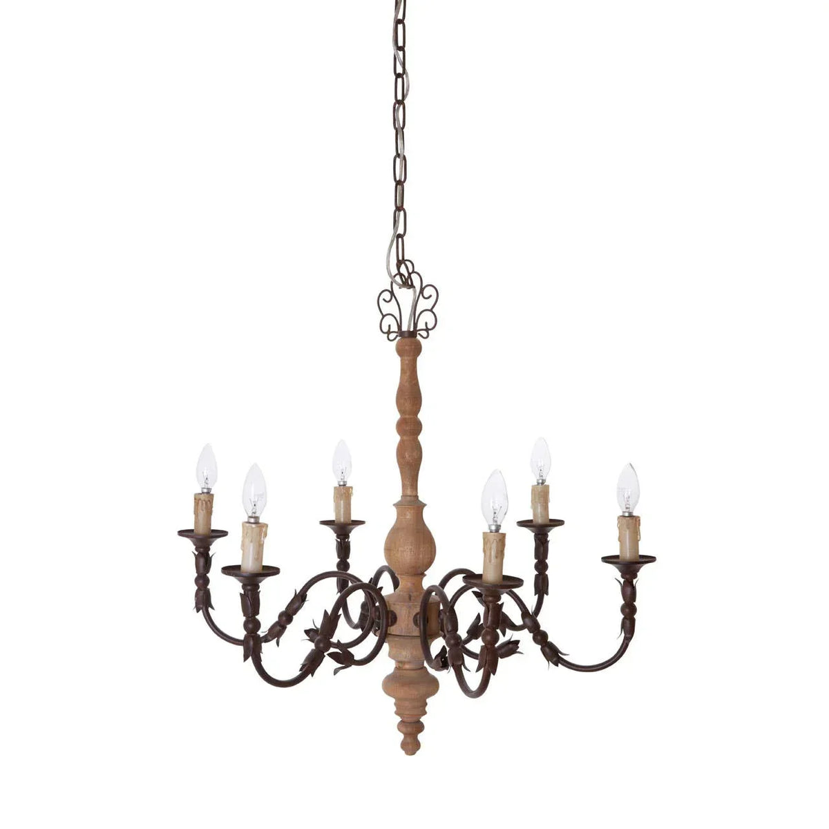 Rustic chandelier with six candle-style lights, black metal arms, and wood center column