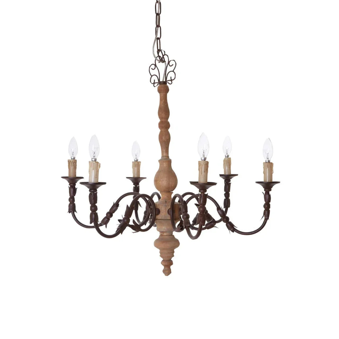 Rustic wood and metal chandelier with six arms and candle-style bulbs