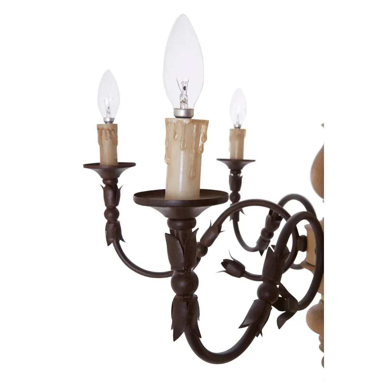 Black metal chandelier arm with candle-style light bulbs and ornate scroll details