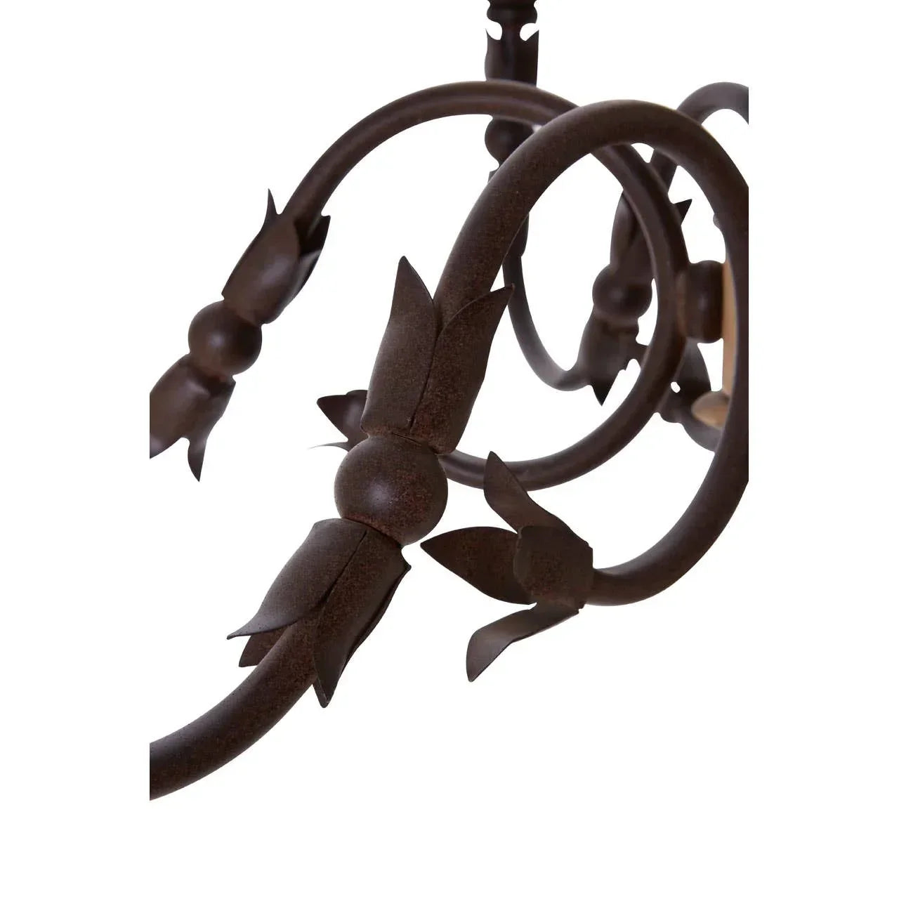 Brown wrought iron chandelier arm with floral accents, close-up detail