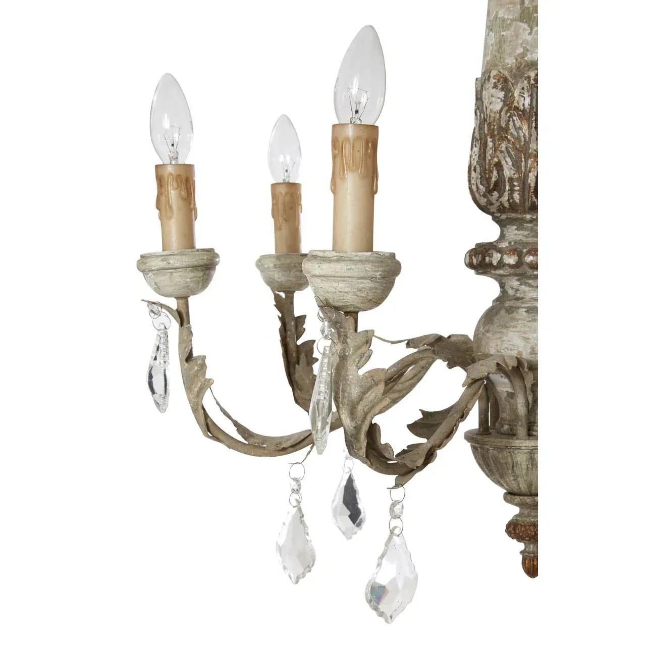 Distressed wood chandelier arm with three candle bulbs and hanging crystal pendants