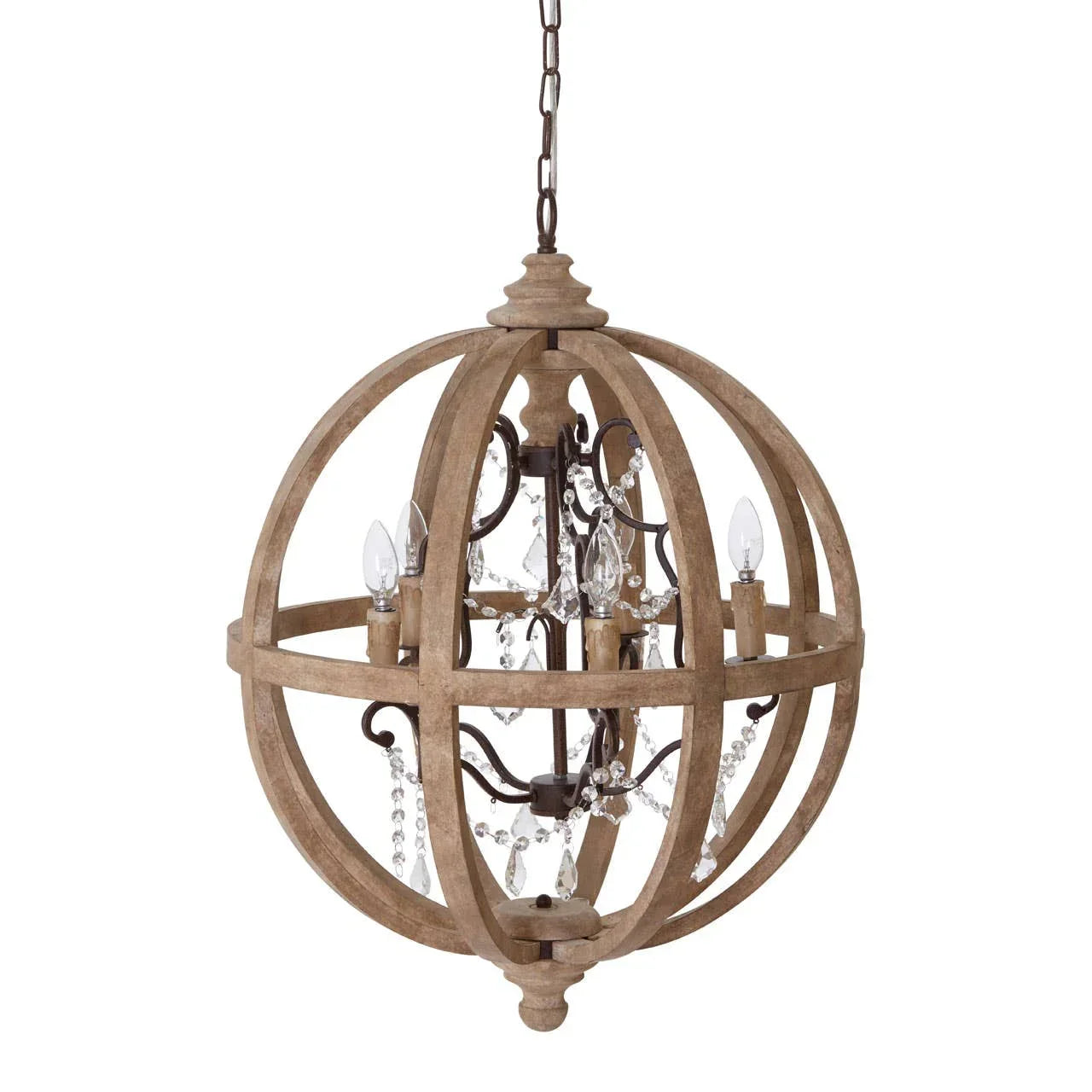 Wood orb pendant chandelier with crystal accents and exposed candle-style bulbs