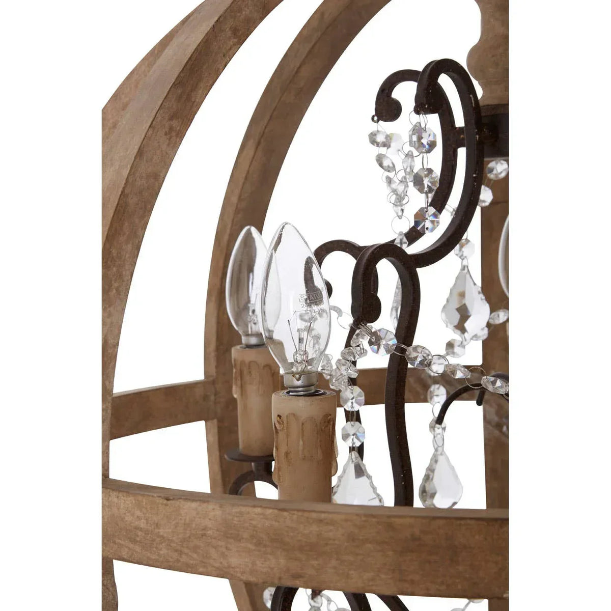 Closeup of wooden chandelier with crystal accents and candle-style bulbs