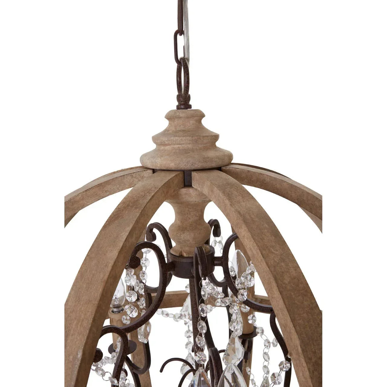 Wood and metal chandelier with crystal accents, close-up showing rustic frame and hanging chain