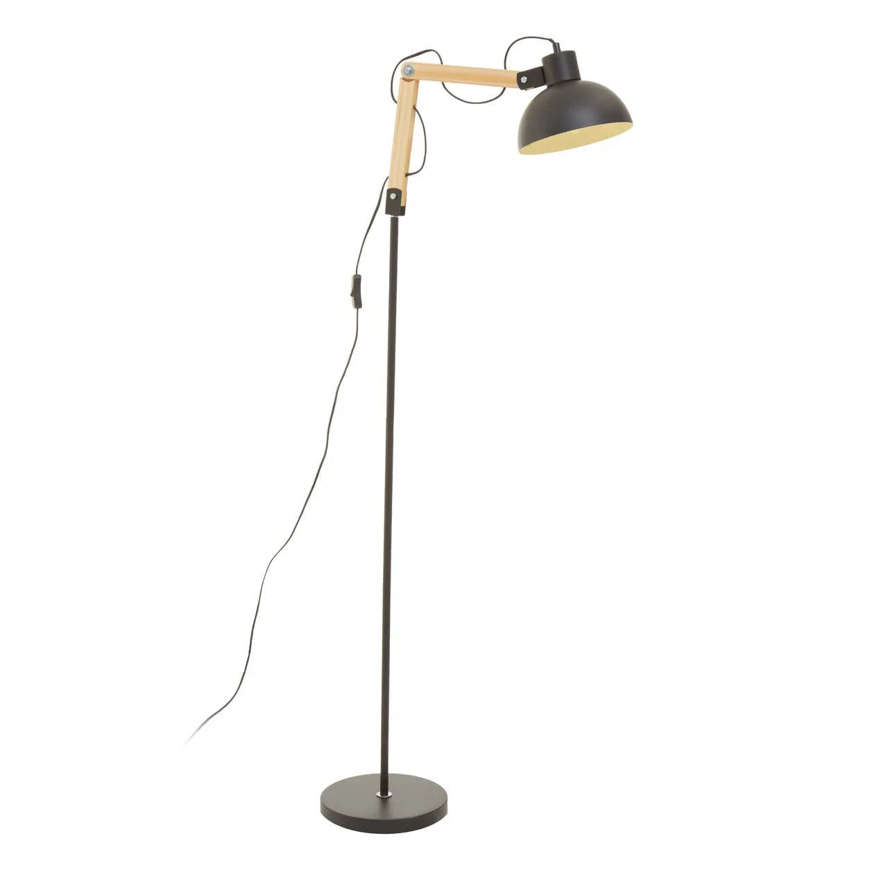 Black adjustable floor lamp with round base and wooden arm on white background