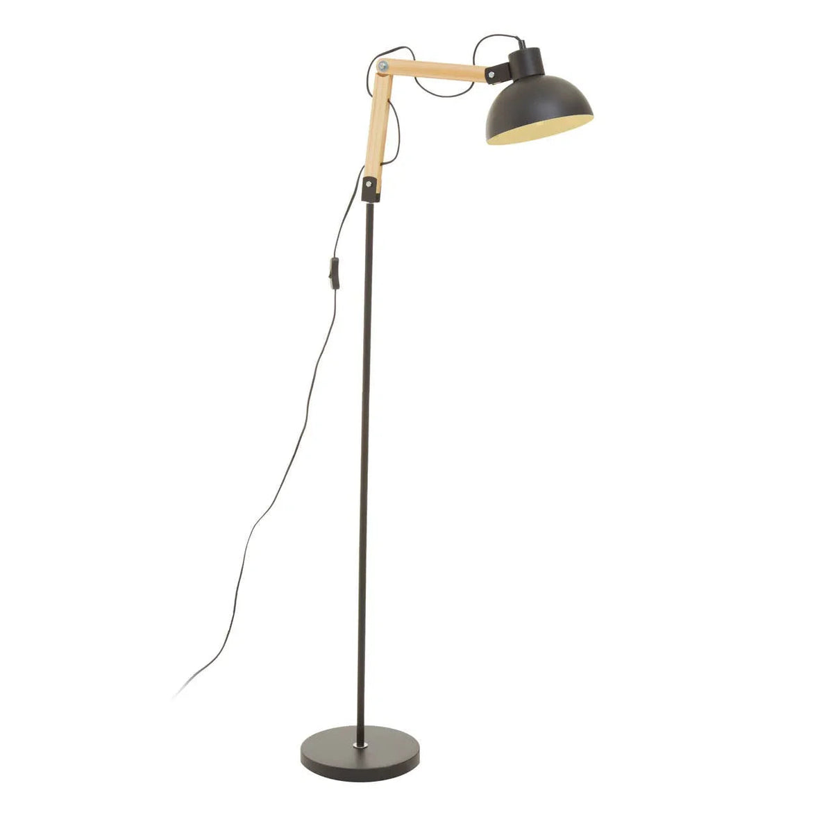Floor lamp with black metal dome shade and pale wood angled arm