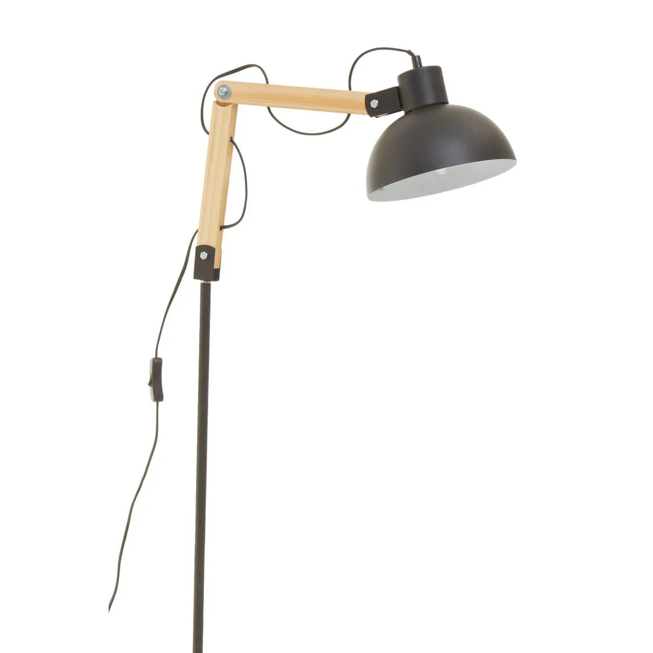 Black and wood floor lamp with adjustable arm and dome shade