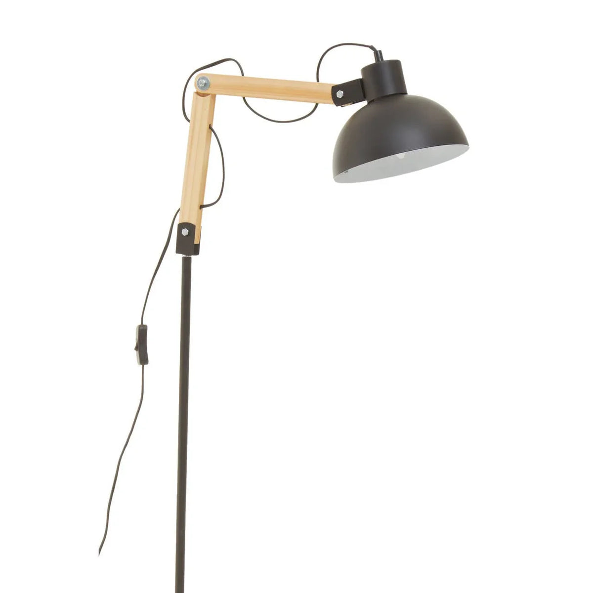 Black and wood floor lamp with adjustable arm and dome shade