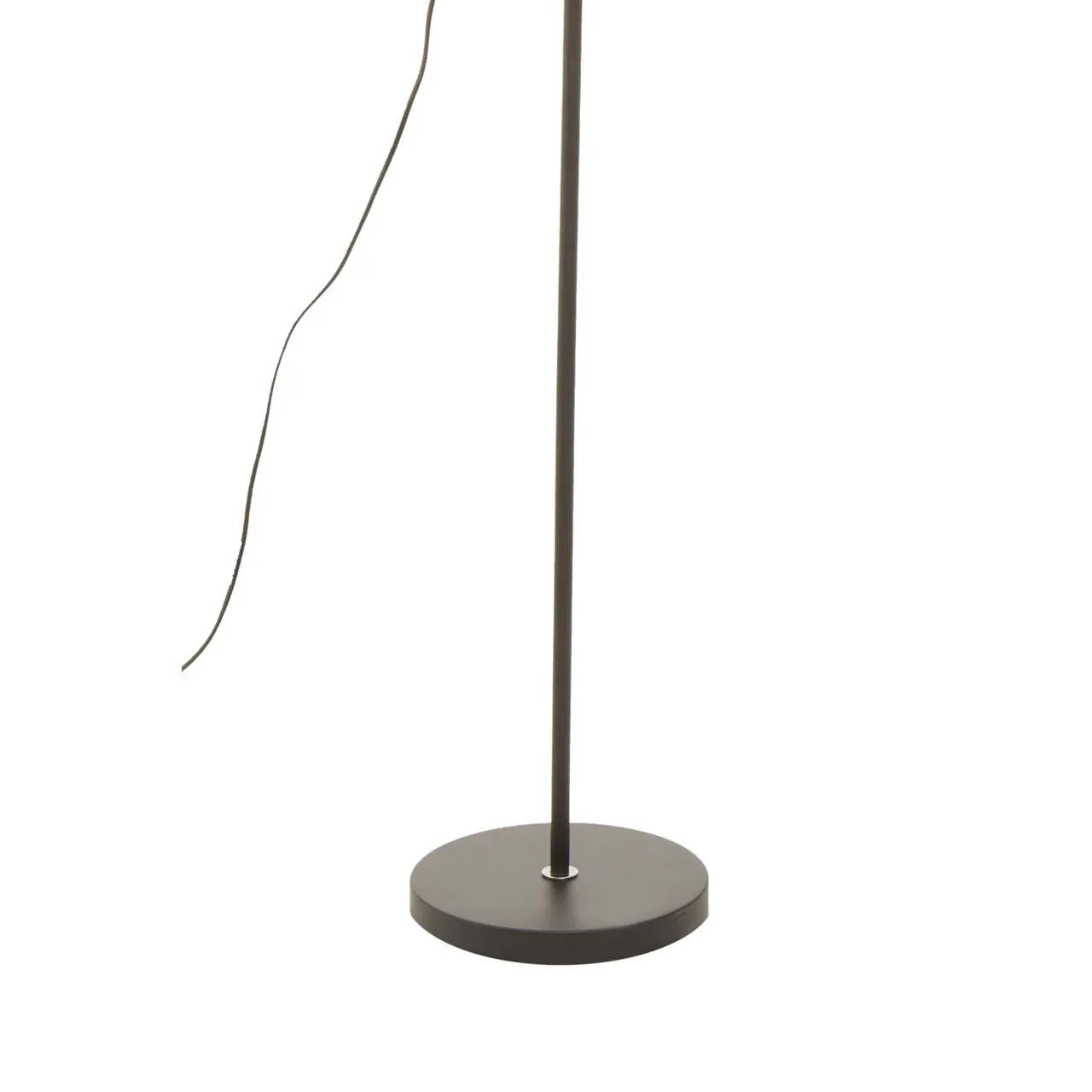 Black metal floor lamp base with slim pole and visible power cord on white background