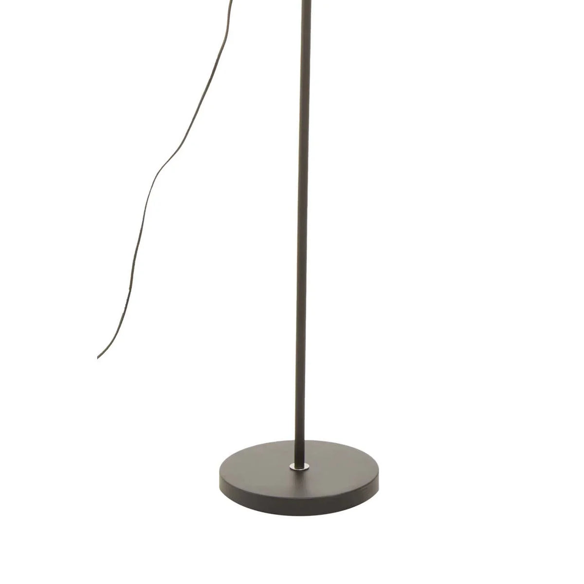Black metal floor lamp base with slim pole and visible power cord on white background
