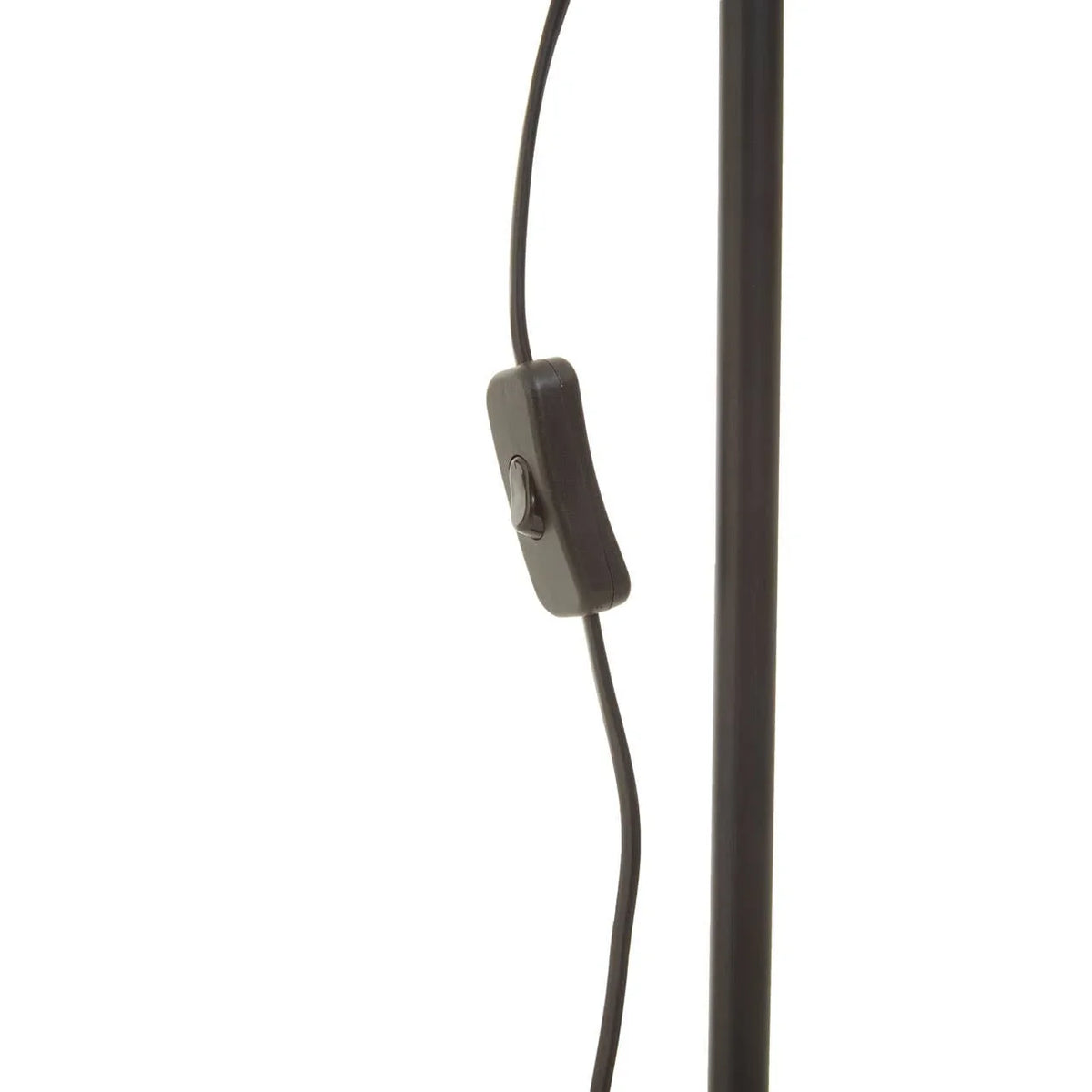 Black floor lamp power cable with inline switch and metal pole close-up