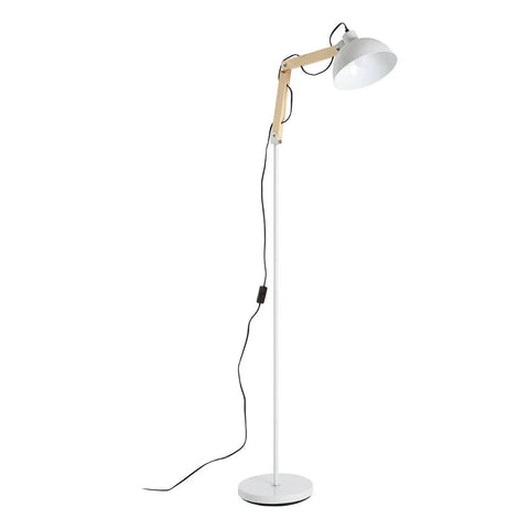 Modern white floor lamp with adjustable wooden arm and dome shade