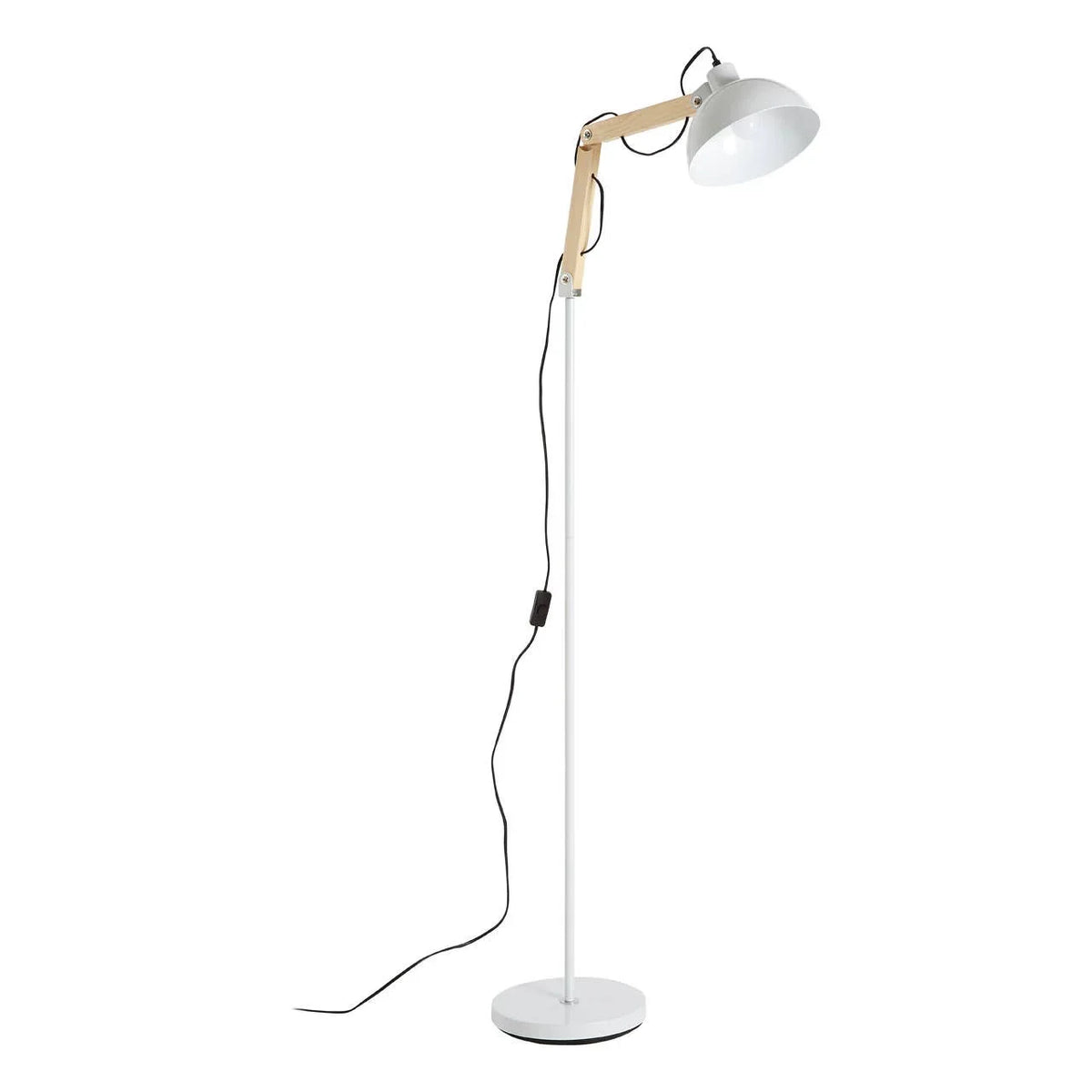 Modern white floor lamp with adjustable wooden arm and dome shade