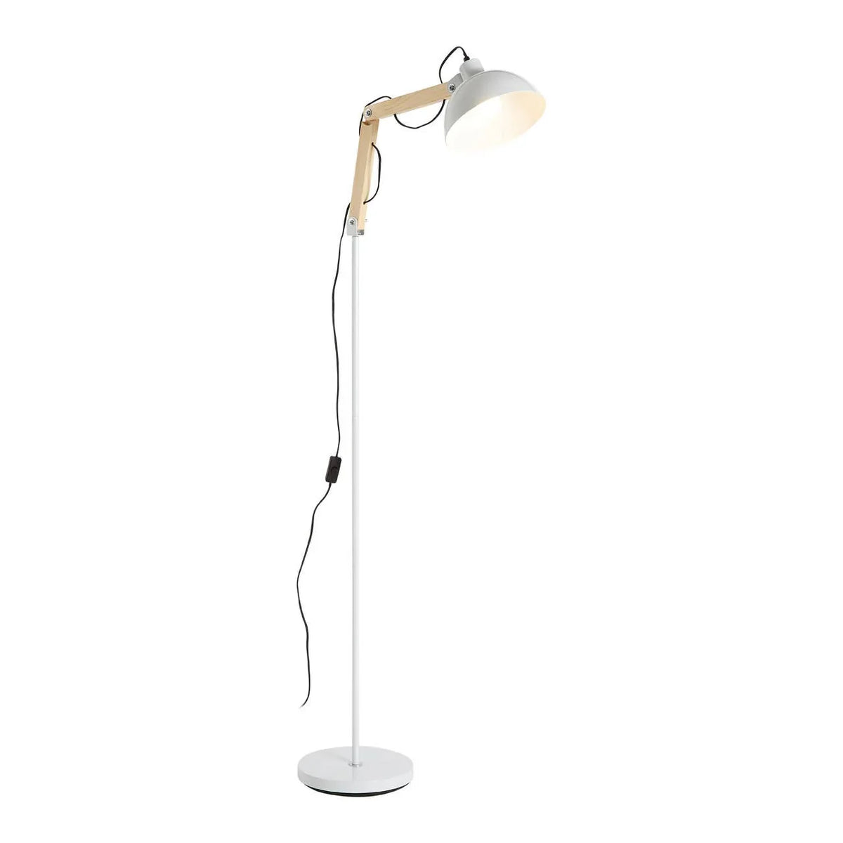 White floor lamp with adjustable wooden arm and round base
