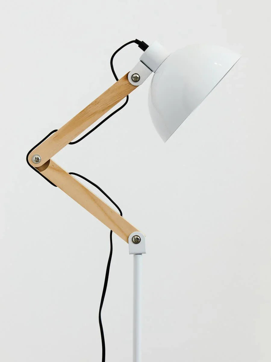 Modern desk lamp with white metal shade and adjustable wooden arm