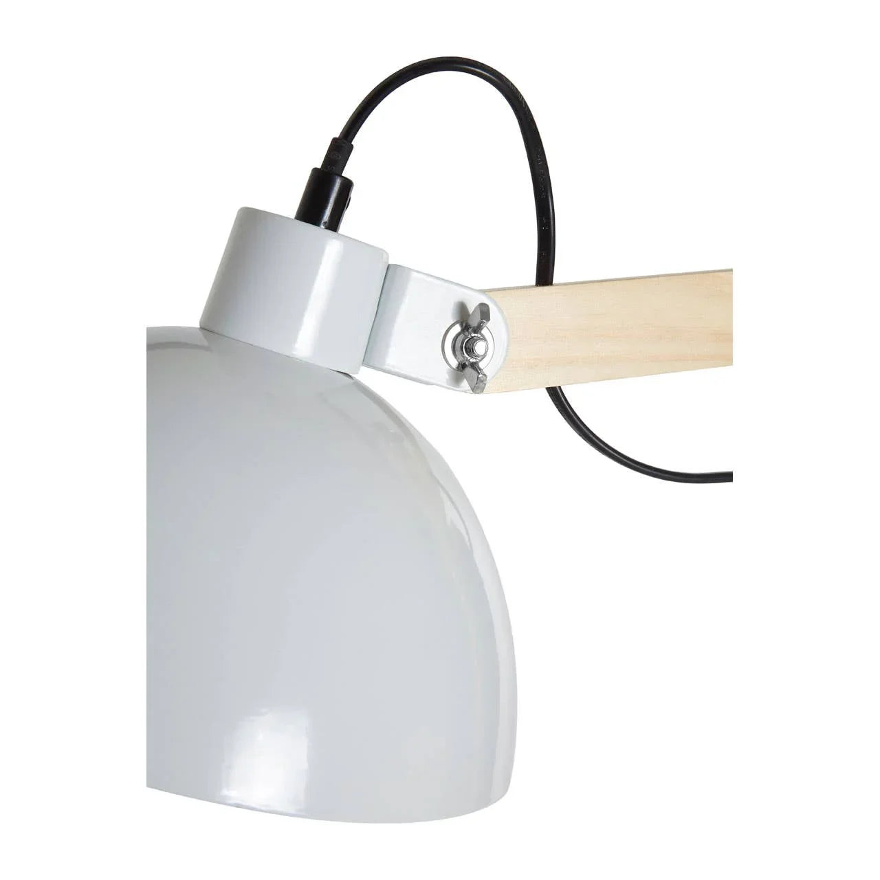 Grey desk lamp with wooden arm and black cable, close view of adjustable head