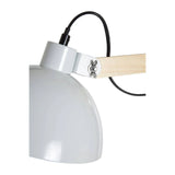 Grey desk lamp with wooden arm and black cable, close view of adjustable head