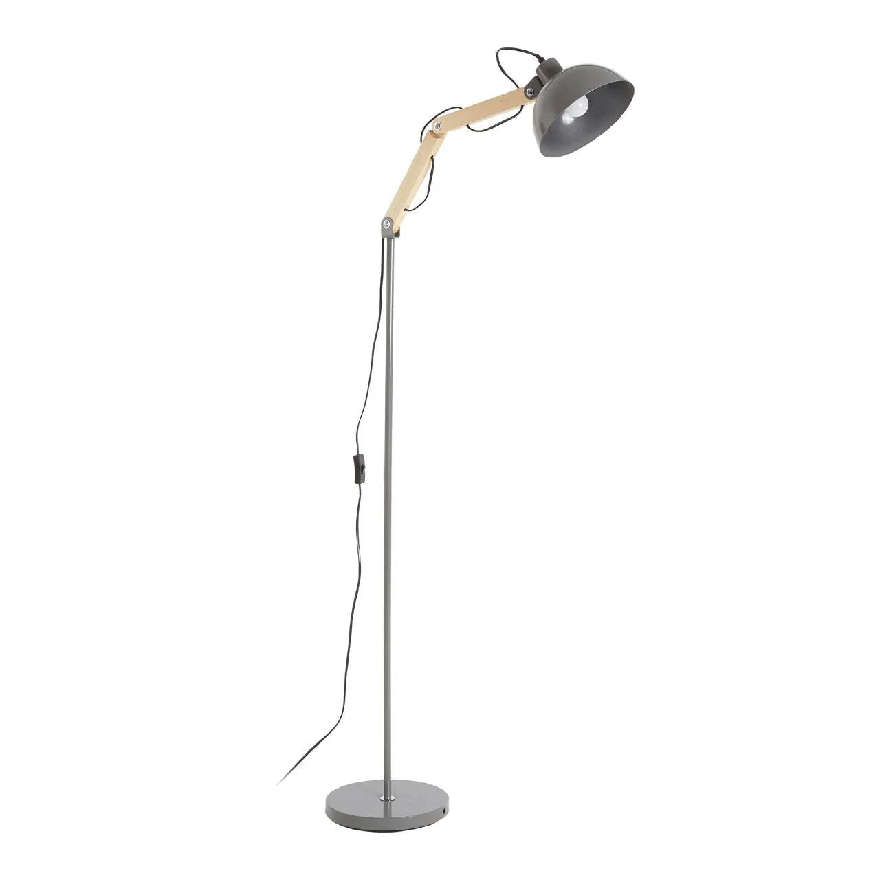 Grey adjustable floor lamp with wooden arm and round base