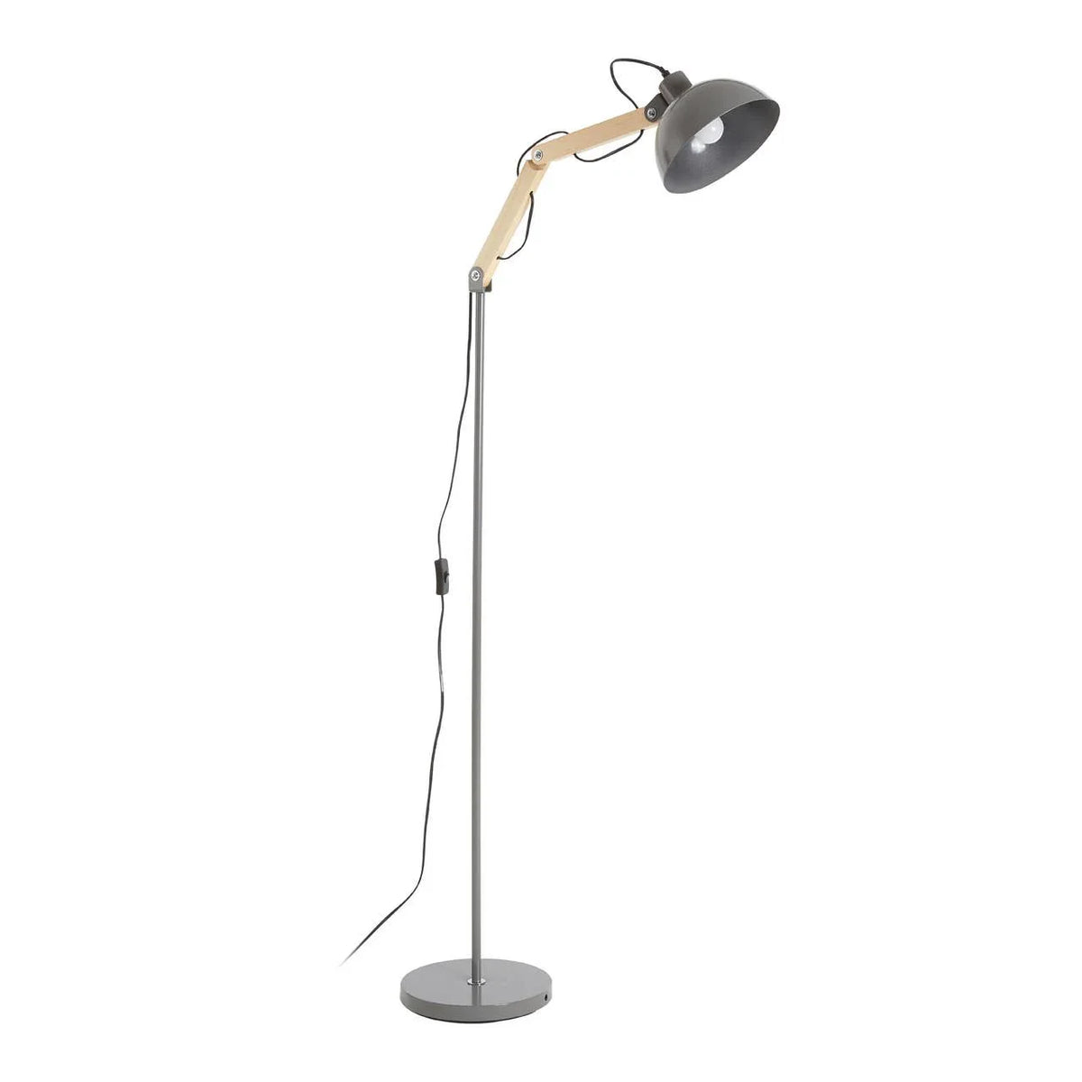 Grey adjustable floor lamp with wooden arm and round base
