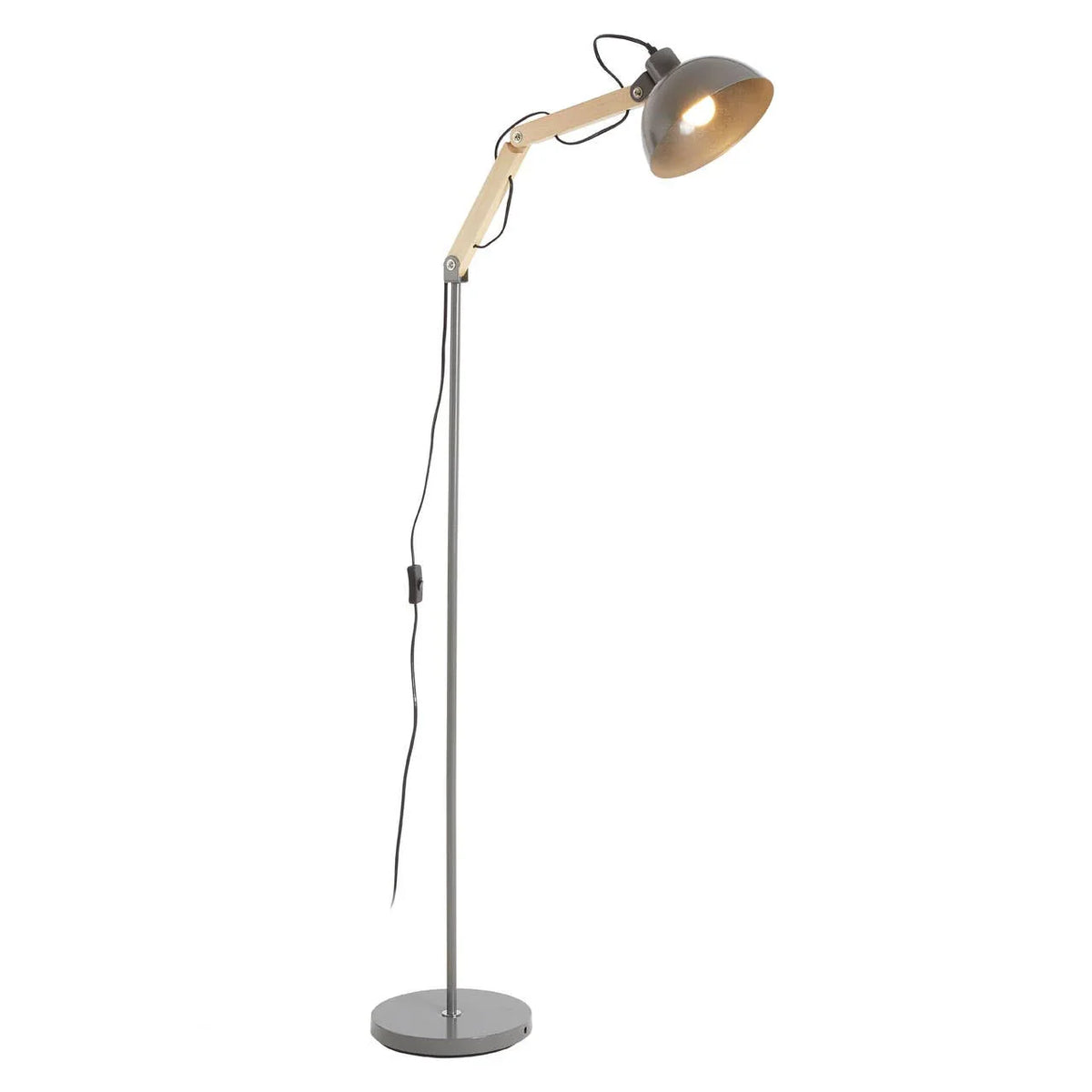 Modern adjustable floor lamp with grey metal shade and wooden arm on round base