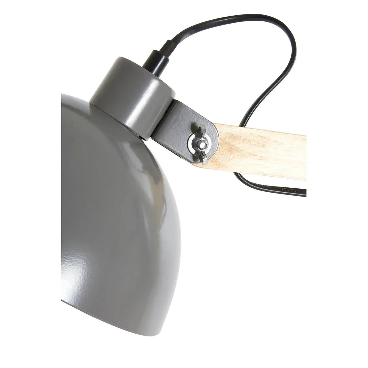Grey metal desk lamp with wooden arm and black cord, close-up side view