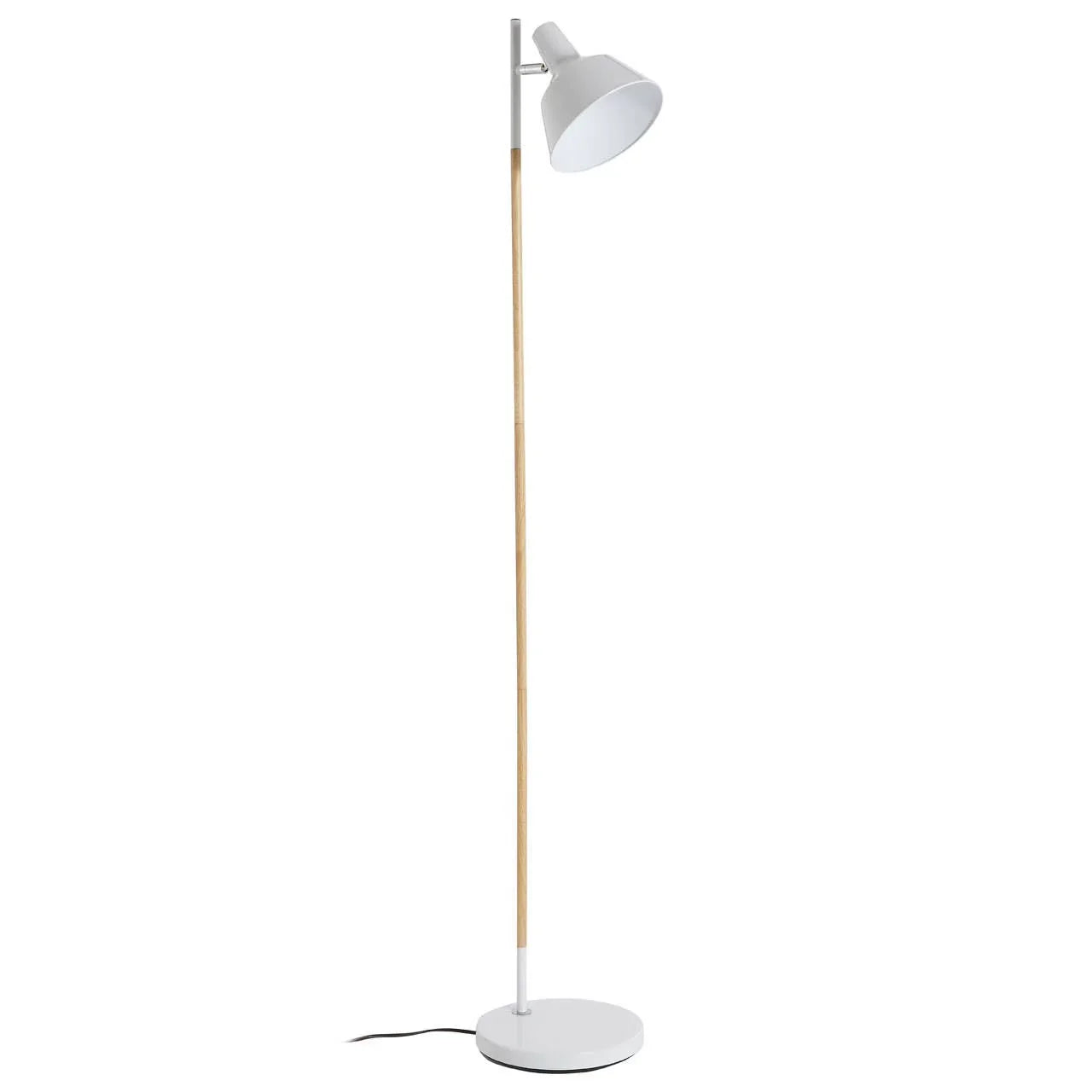 Modern white floor lamp with wooden stem and angled lampshade, upright on round base